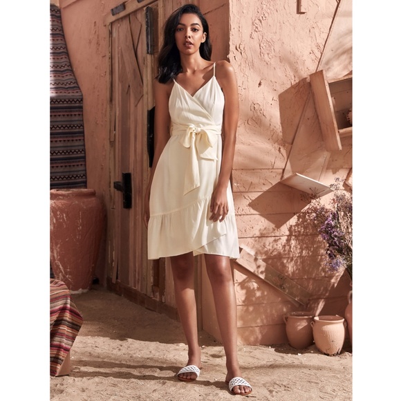 Ruffle Detail Belted Wrap Beige Dress - Picture 4 of 8